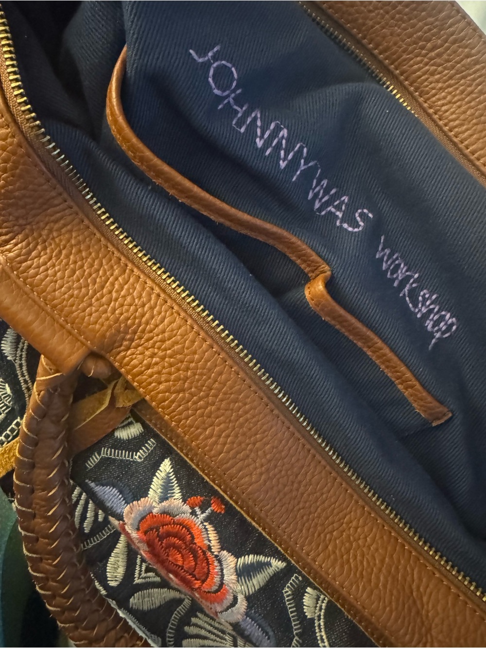 Johnny Was Navy Denim Embroidered Floral Weekender Bag with Brown Trim - Picture 7 of 13